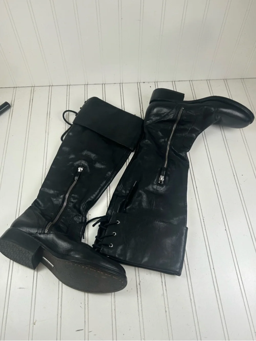 Vince Camuto Vintage Black Leather Tall Lace-Up Riding Boots Women’s Size 9M